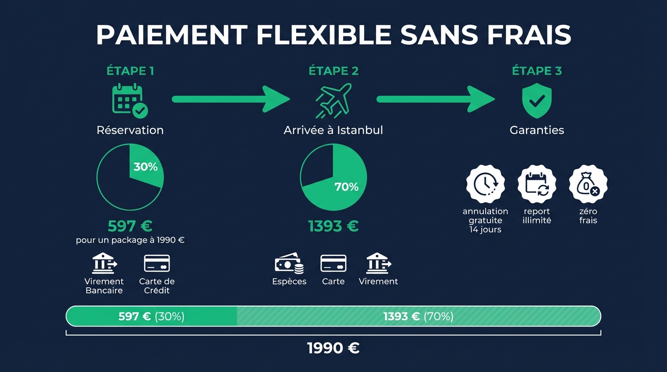 Infographie du plan de paiement forfait tout compris : 30 % d'acompte à la réservation + 70 % à l'arrivée à Istanbul