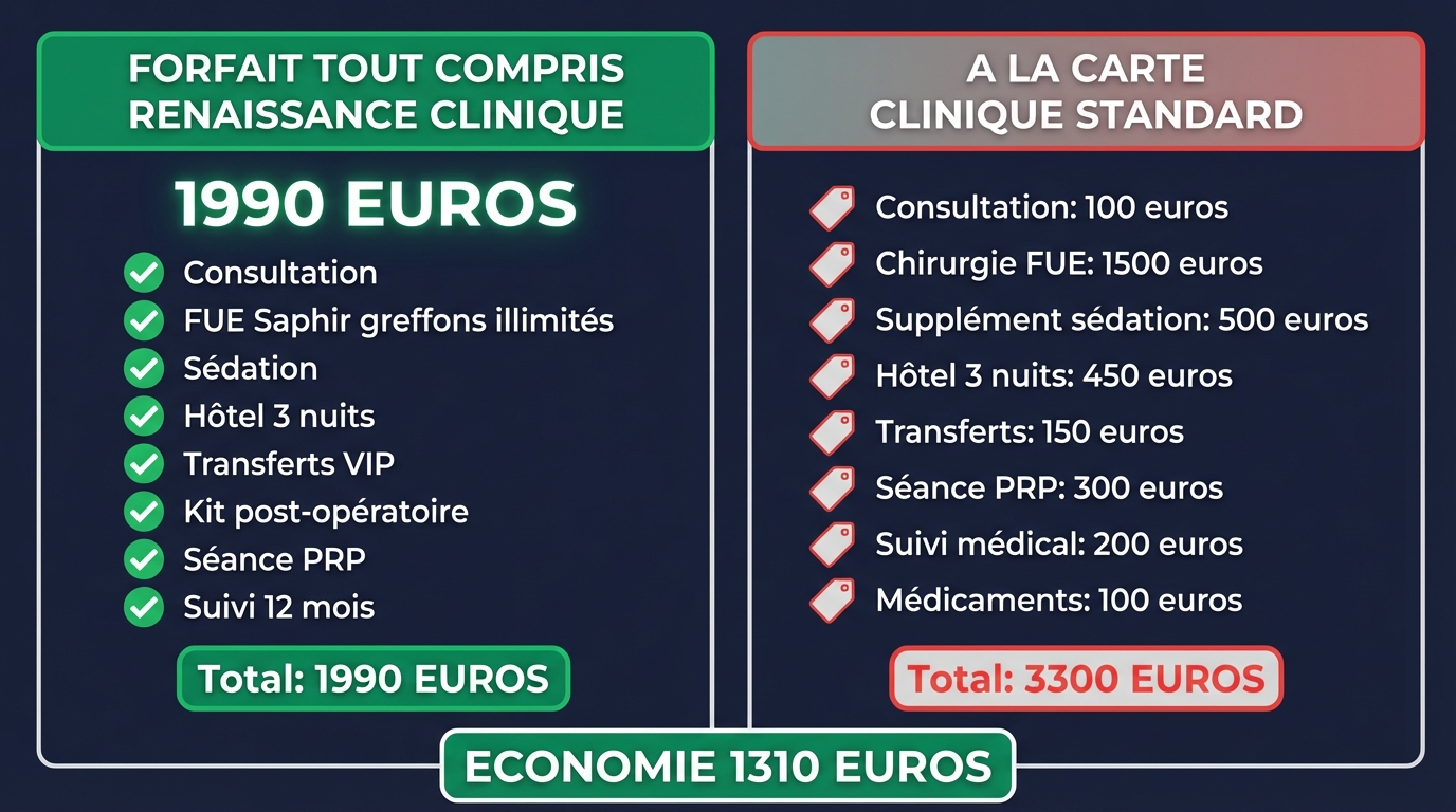 Infographie de comparaison des prix : forfait tout compris vs organisation à la carte pour une greffe de cheveux à Istanbul