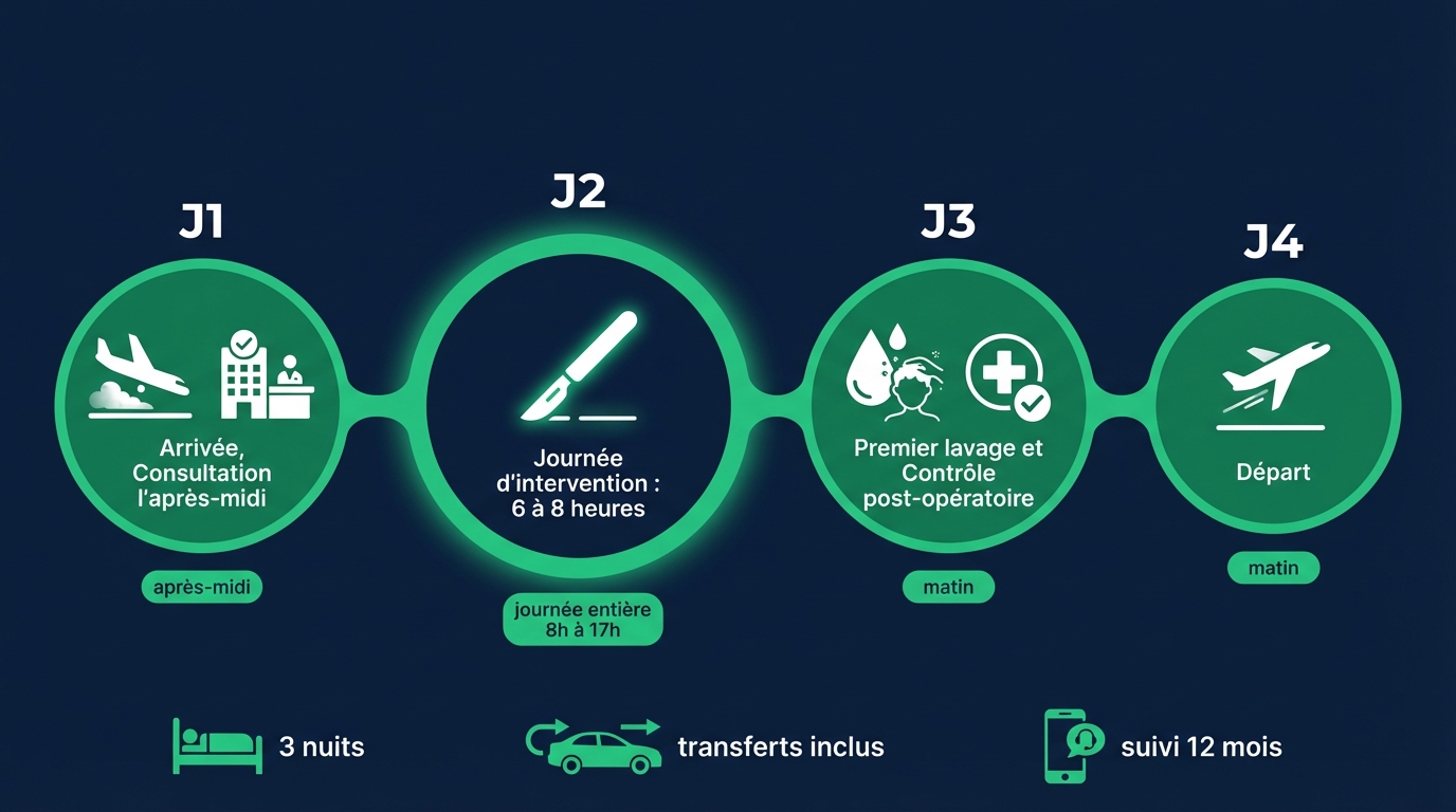 Infographie du séjour greffe de cheveux 4 jours / 3 nuits à Istanbul : J1 arrivée consultation, J2 intervention, J3 lavage contrôle, J4 départ