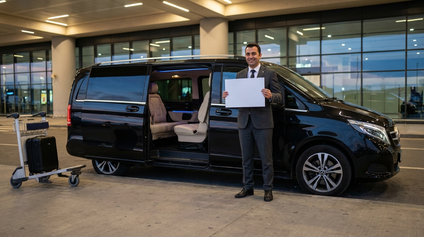 Mercedes Vito noire garée devant l'arrivée de l'aéroport d'Istanbul, chauffeur en costume tenant un panneau nominatif — transfert VIP forfait tout compris