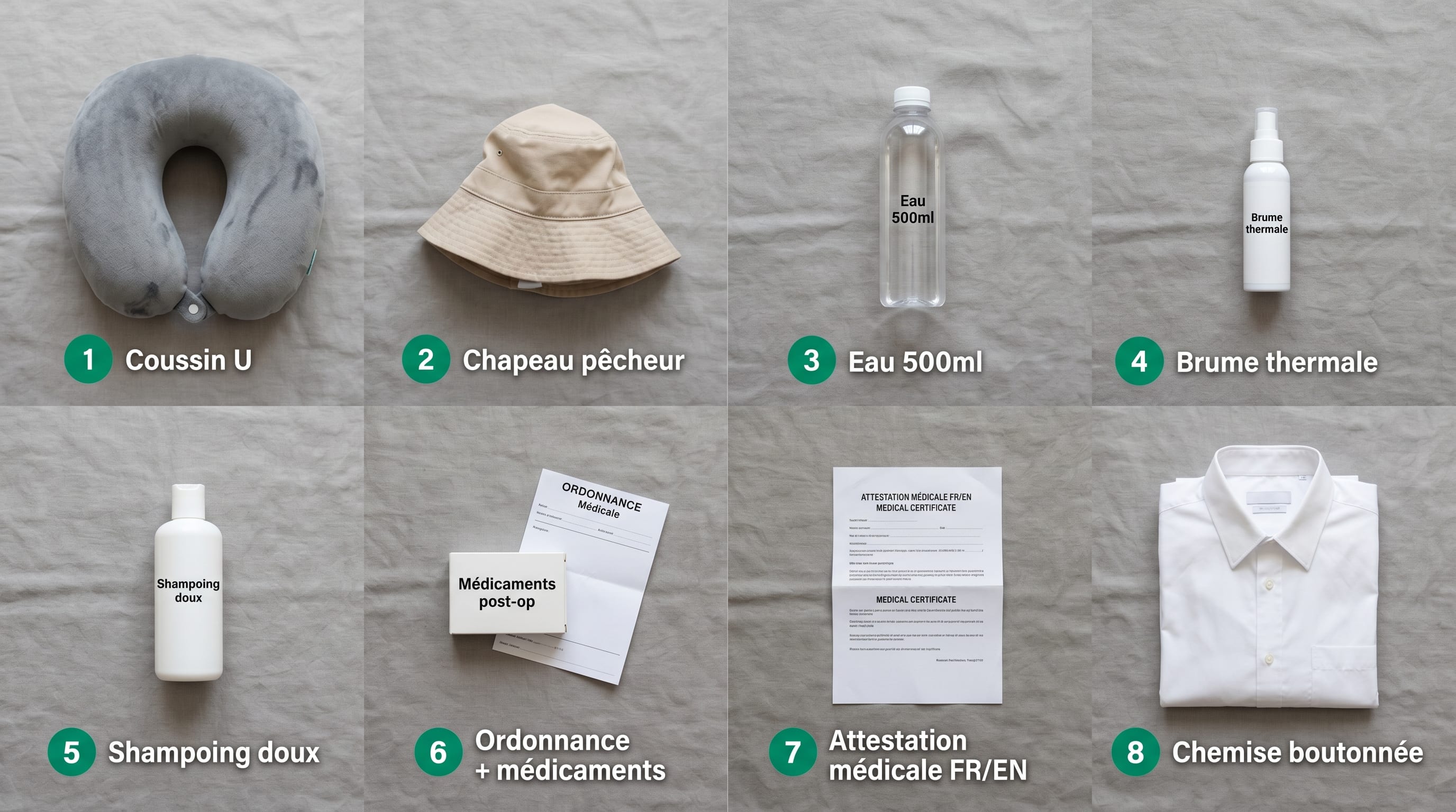 Bagage cabine greffe capillaire : les 8 éléments essentiels pour le vol retour | Renaissance Clinique Infographie bagage cabine spécial greffe capillaire vue du dessus en flat lay, affichant exactement 8 éléments numérotés en français : 1 coussin de voyage en U, 2 chapeau de pêcheur ample beige, 3 bouteille d'eau 500 ml, 4 brume d'eau thermale 100 ml, 5 shampoing doux post-greffe 200 ml, 6 ordonnance et boîte de médicaments, 7 attestation médicale bilingue papier, 8 chemise boutonnée en coton pliée — style flat design avec badges numériques emerald et étiquettes en français
