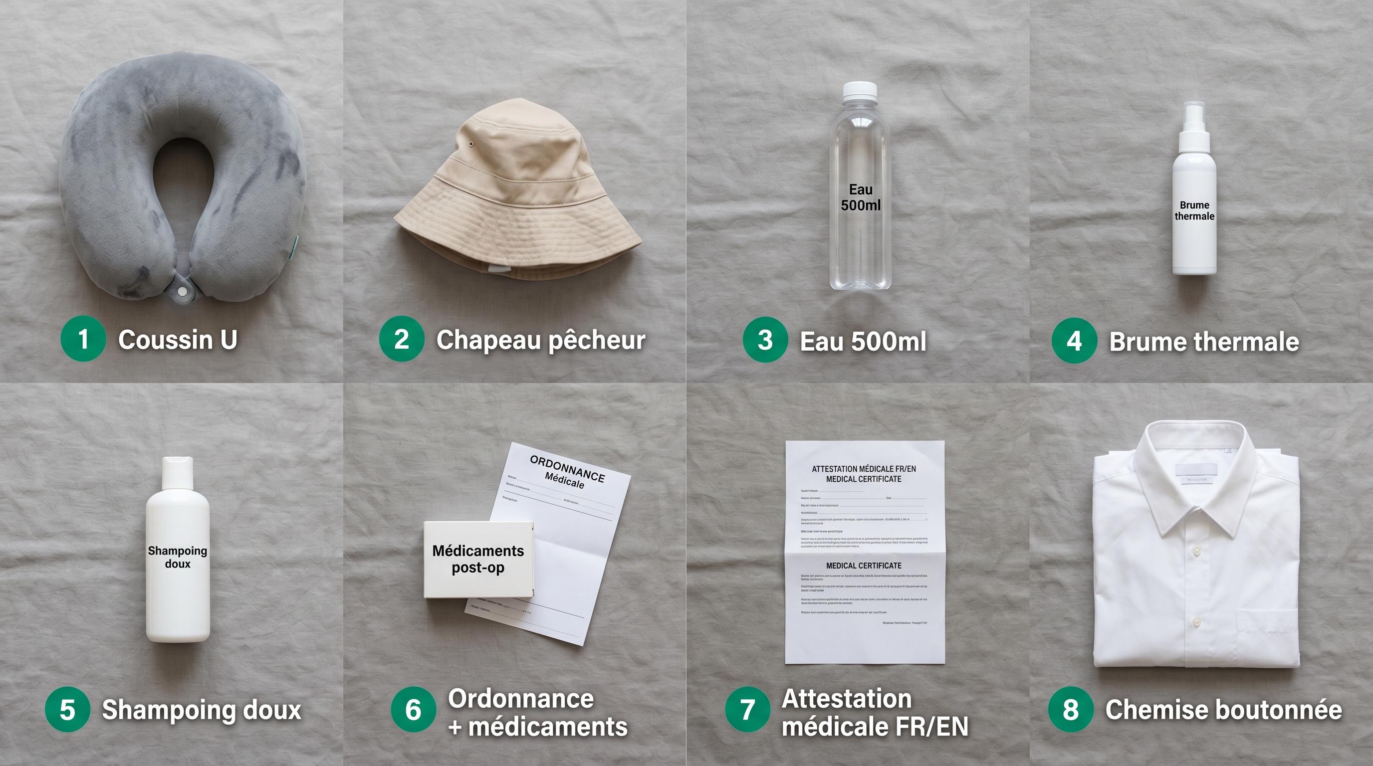 Infographie bagage cabine spécial greffe capillaire vue du dessus en flat lay, affichant exactement 8 éléments numérotés en français : 1 coussin de voyage en U, 2 chapeau de pêcheur ample beige, 3 bouteille d'eau 500 ml, 4 brume d'eau thermale 100 ml, 5 shampoing doux post-greffe 200 ml, 6 ordonnance et boîte de médicaments, 7 attestation médicale bilingue papier, 8 chemise boutonnée en coton pliée — style flat design avec badges numériques emerald et étiquettes en français