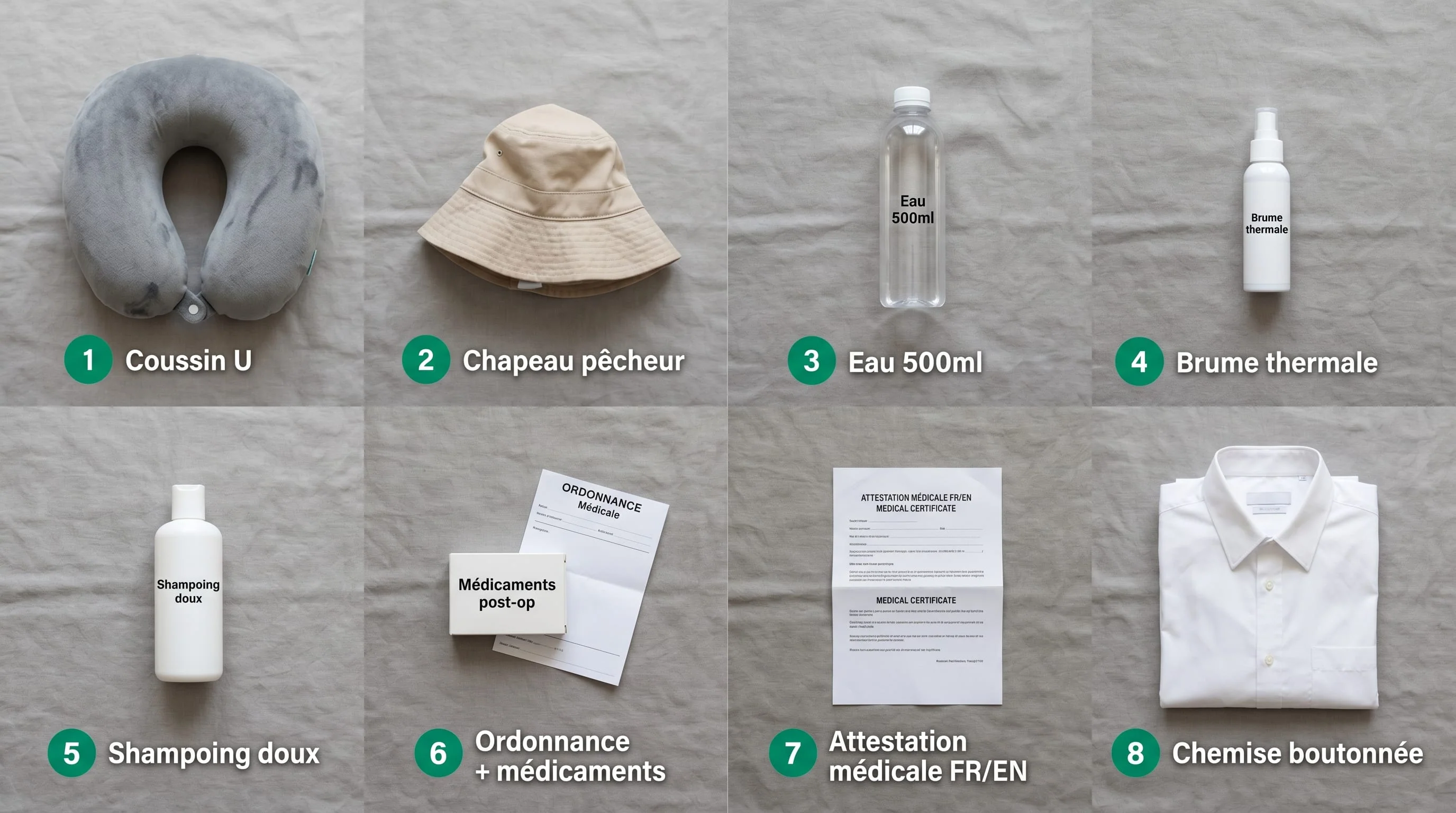 Infographie bagage cabine spécial greffe capillaire vue du dessus en flat lay, affichant exactement 8 éléments numérotés en français : 1 coussin de voyage en U, 2 chapeau de pêcheur ample beige, 3 bouteille d'eau 500 ml, 4 brume d'eau thermale 100 ml, 5 shampoing doux post-greffe 200 ml, 6 ordonnance et boîte de médicaments, 7 attestation médicale bilingue papier, 8 chemise boutonnée en coton pliée — style flat design avec badges numériques emerald et étiquettes en français