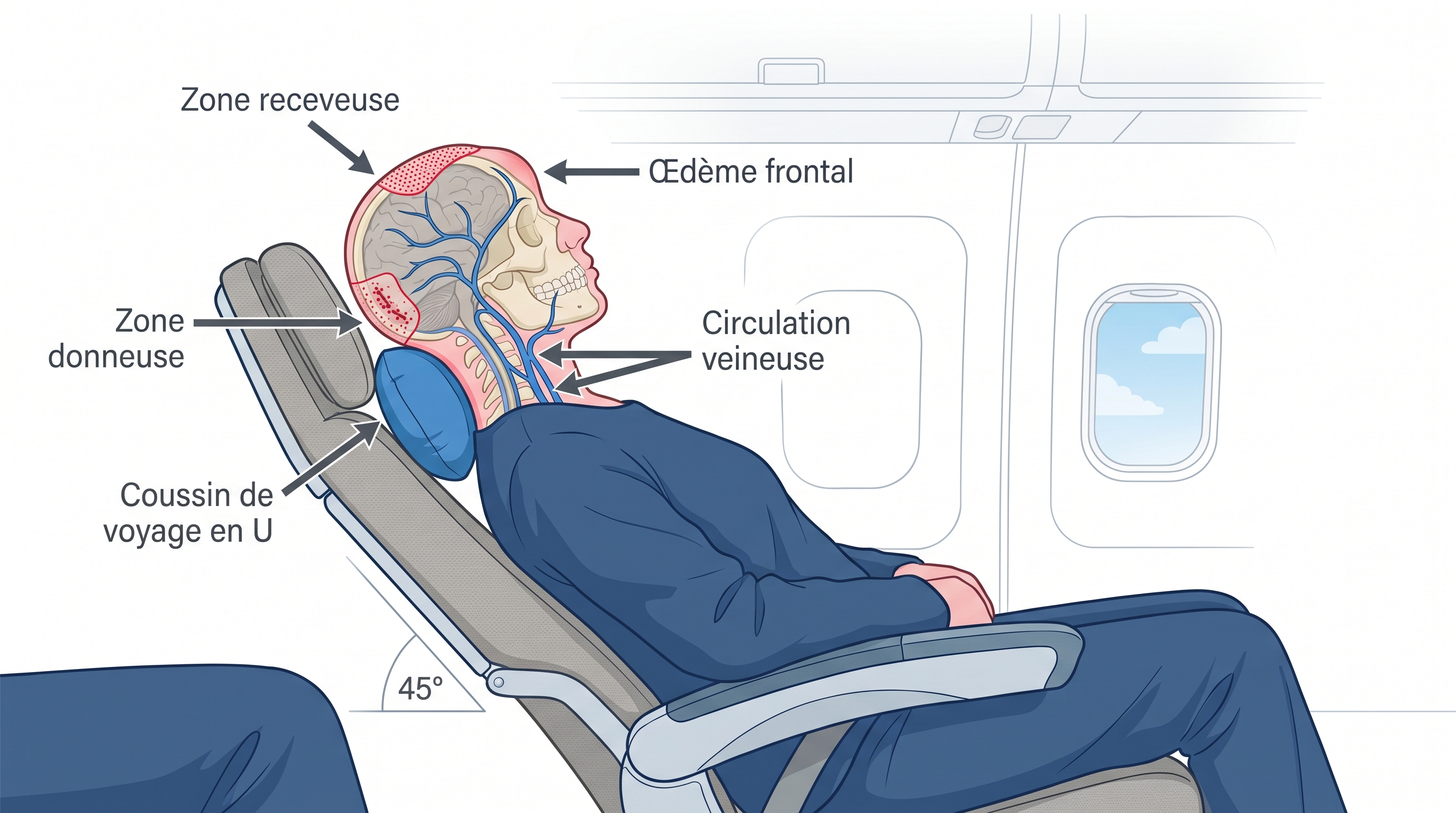 Diagramme médical en vue latérale d'un passager en avion après greffe capillaire : position semi-inclinée à 45 degrés, coussin de voyage en U positionné sous l'occiput pour libérer la zone donneuse, flèches indiquant la circulation sanguine et l'absence de contact mécanique sur les greffons — infographie médicale avec étiquettes anatomiques en français : zone receveuse, zone donneuse, œdème frontal, circulation veineuse