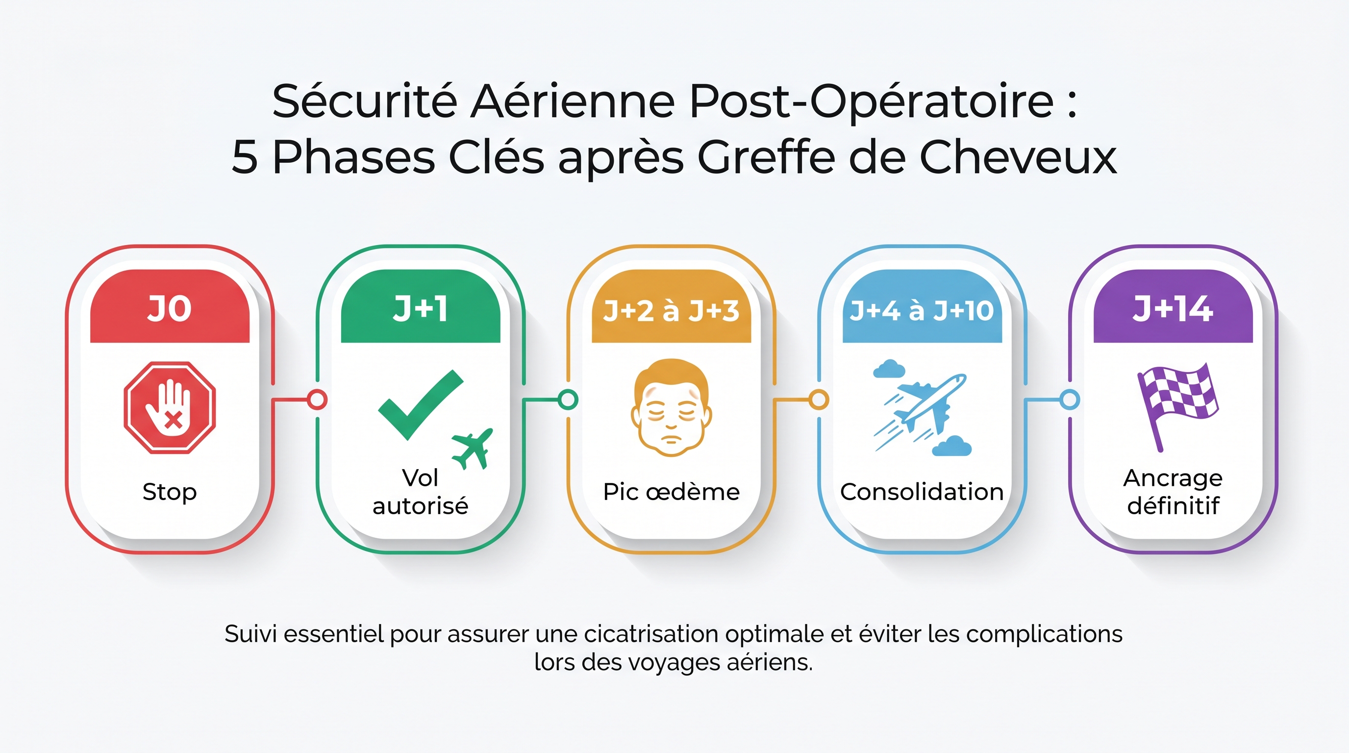 Infographie timeline chronologie vol retour après greffe de cheveux en français : J0 opération jour 0 en rouge, J+1 vol autorisé en vert clair, J+2 pic d'œdème en orange, J+3 à J+10 consolidation en jaune, J+14 ancrage définitif des greffons en vert foncé, J+30 retour normal en bleu — chaque phase montre les activités aériennes autorisées avec icônes d'avion