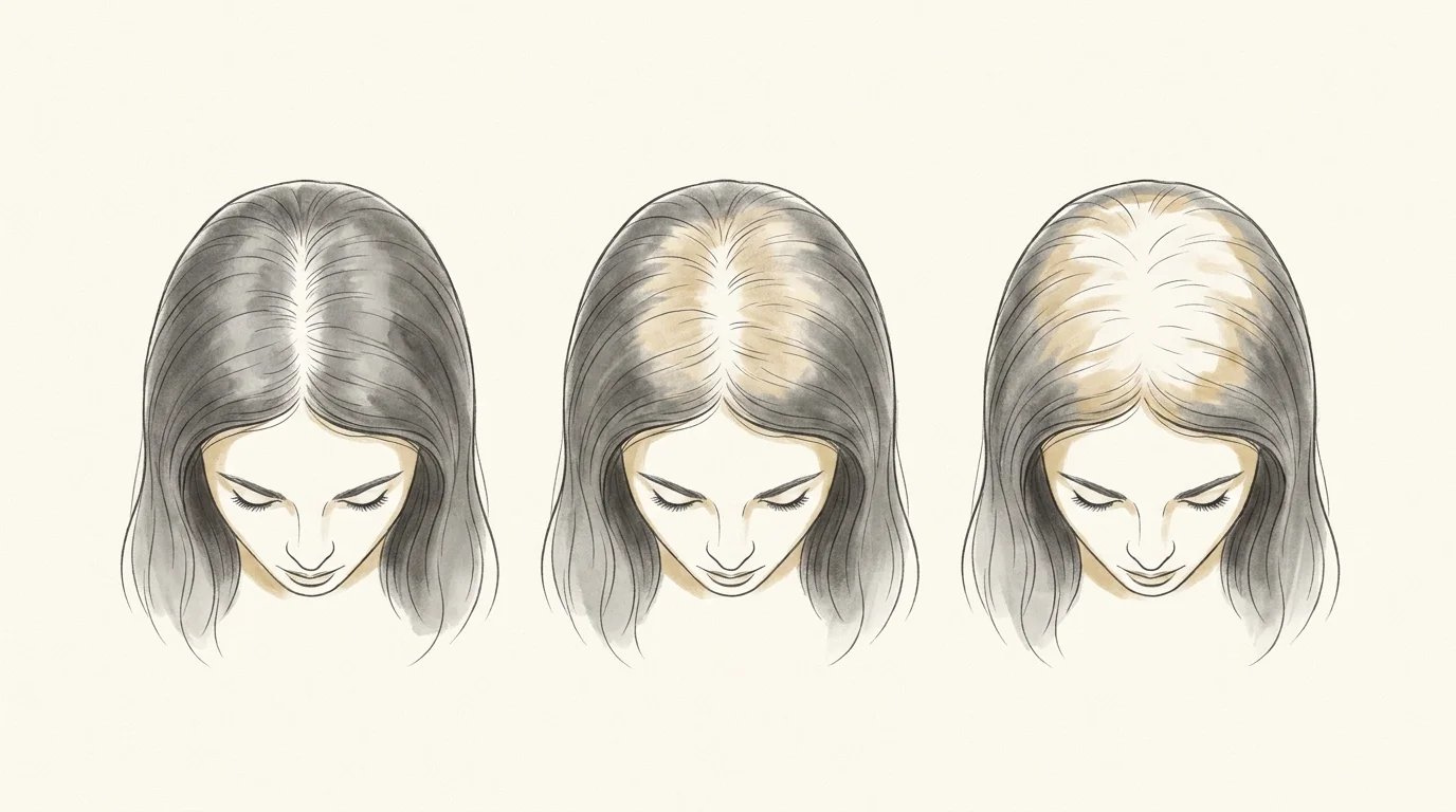 Échelle de Ludwig — trois stades de la perte de cheveux féminine (élargissement de la raie, éclaircissement diffus du sommet, ligne frontale préservée)