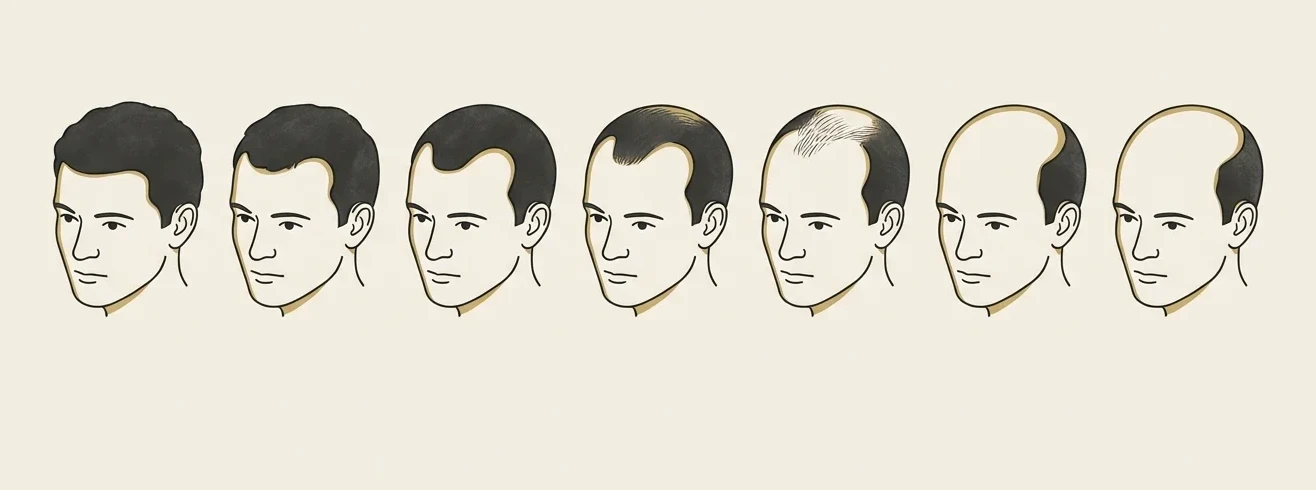 Échelle de Norwood-Hamilton — les 7 stades de la calvitie masculine, du stade I (ligne intacte) au stade VII (couronne résiduelle)