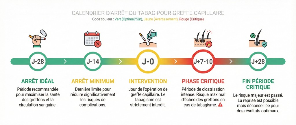 Calendrier d'arrêt du tabac pour greffe capillaire en 5 étapes avec code couleur (vert optimal, jaune avertissement, rouge critique) : J-28 arrêt idéal — période recommandée pour maximiser la santé des greffons et la circulation sanguine ; J-14 arrêt minimum — dernière limite pour réduire significativement les risques de complications ; J-0 intervention — jour de l'opération, tabagisme strictement interdit ; J+7-10 phase critique — période de cicatrisation intense, risque maximal d'échec des greffons en cas de tabagisme ; J+28 fin période critique — le risque majeur est passé, la reprise est possible mais déconseillée