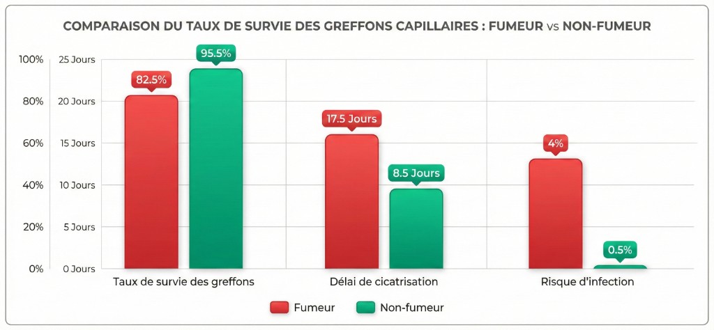 Graphique à barres comparant fumeurs vs non-fumeurs après greffe capillaire sur 3 indicateurs : taux de survie des greffons (82,5 % fumeur en rouge vs 95,5 % non-fumeur en vert), délai de cicatrisation (17,5 jours fumeur vs 8,5 jours non-fumeur), risque d'infection (4 % fumeur vs 0,5 % non-fumeur)