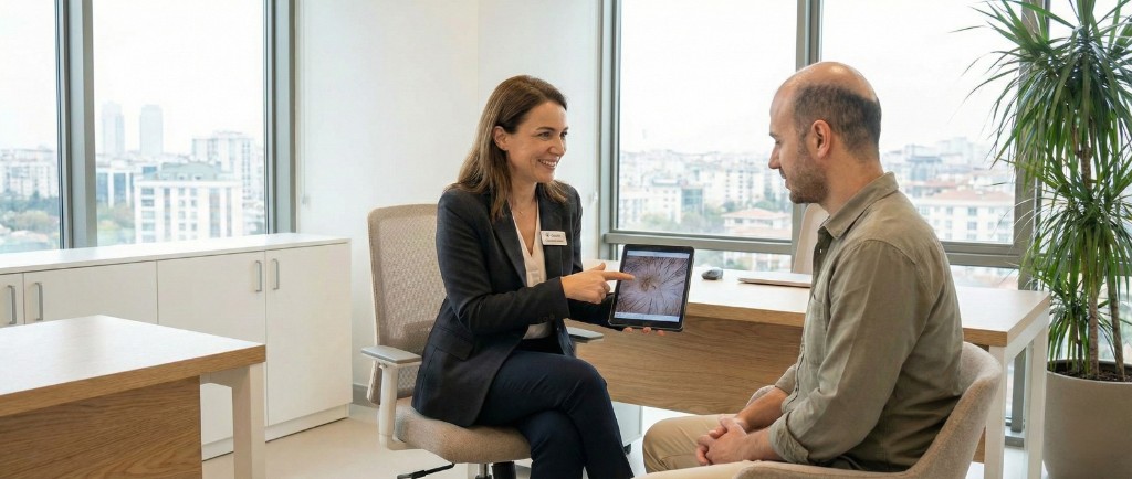 Consultation pré-greffe dans un bureau médical moderne à Istanbul : une coordinatrice francophone présente les résultats d'analyse capillaire sur tablette à un patient atteint d'alopécie, bureau lumineux avec vue panoramique sur Istanbul, mobilier moderne blanc et bois clair