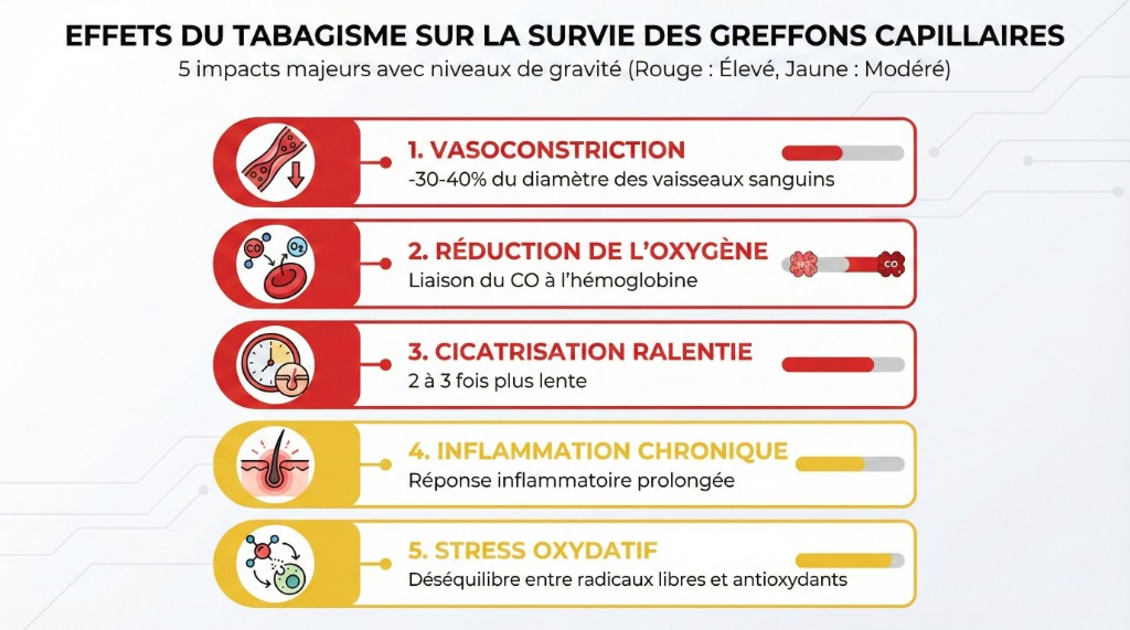 Infographie des 5 effets du tabagisme sur la survie des greffons capillaires avec niveaux de gravité : 1) Vasoconstriction — réduction de 30-40 % du diamètre des vaisseaux sanguins (élevé), 2) Réduction de l'oxygène — liaison du CO à l'hémoglobine (élevé), 3) Cicatrisation ralentie — 2 à 3 fois plus lente (modéré), 4) Inflammation chronique — réponse inflammatoire prolongée (modéré), 5) Stress oxydatif — déséquilibre entre radicaux libres et antioxydants (élevé)