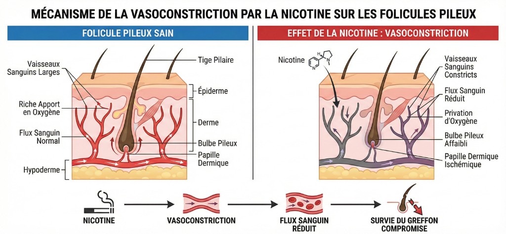 Mécanisme de vasoconstriction par la nicotine sur les follicules pileux — Greffe de Cheveux et Tabac | Renaissance Clinique Schéma médical du mécanisme de vasoconstriction par la nicotine sur les follicules pileux : à gauche un follicule pileux sain avec vaisseaux sanguins larges, riche apport en oxygène, flux sanguin normal, bulbe pileux et papille dermique — à droite l'effet de la nicotine avec vaisseaux constricts, flux sanguin réduit, privation d'oxygène, bulbe pileux affaibli et papille dermique ischémique. Parcours : nicotine → vasoconstriction → flux sanguin réduit → survie du greffon compromise.