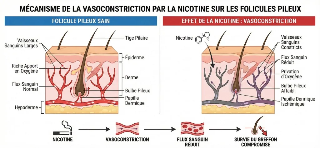 Schéma médical du mécanisme de vasoconstriction par la nicotine sur les follicules pileux : à gauche un follicule pileux sain avec vaisseaux sanguins larges, riche apport en oxygène, flux sanguin normal, bulbe pileux et papille dermique — à droite l'effet de la nicotine avec vaisseaux constricts, flux sanguin réduit, privation d'oxygène, bulbe pileux affaibli et papille dermique ischémique. Parcours : nicotine → vasoconstriction → flux sanguin réduit → survie du greffon compromise.