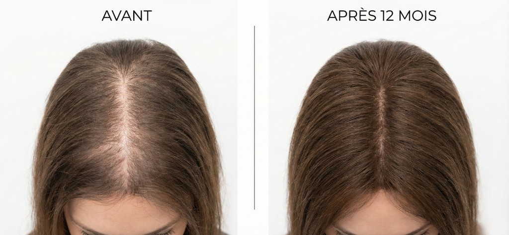 Résultat avant-après greffe sans rasage DHI No-Shave chez une femme : à gauche (avant), raie centrale élargie avec cuir chevelu visible et cheveux clairsemés ; à droite (après 12 mois), densité capillaire restaurée, raie centrale comblée, résultat naturel sans cicatrice visible