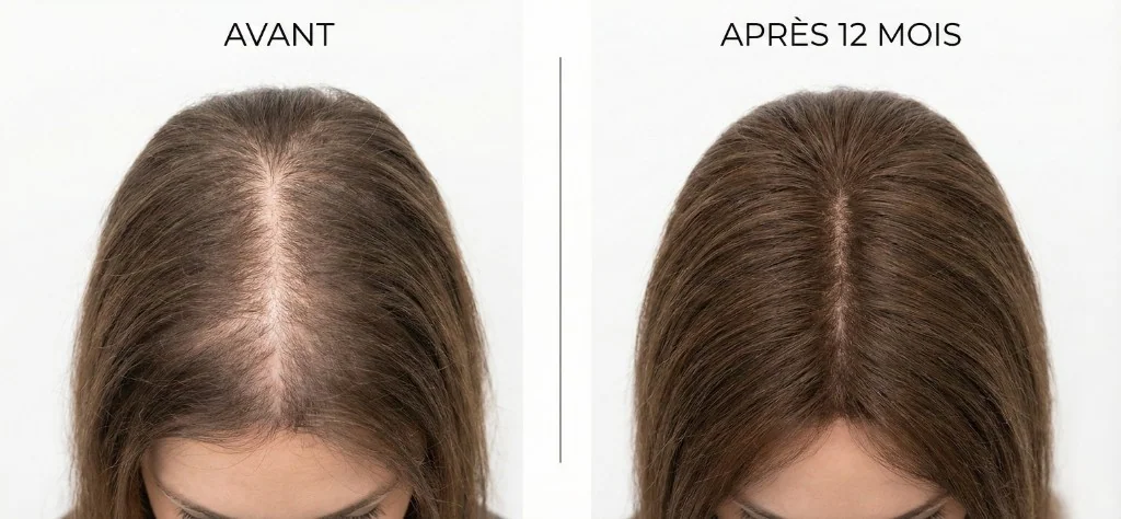 Résultat avant-après greffe sans rasage Choi Pen No-Shave chez une femme : à gauche (avant), raie centrale élargie avec cuir chevelu visible et cheveux clairsemés ; à droite (après 12 mois), densité capillaire restaurée, raie centrale comblée, résultat naturel sans cicatrice visible