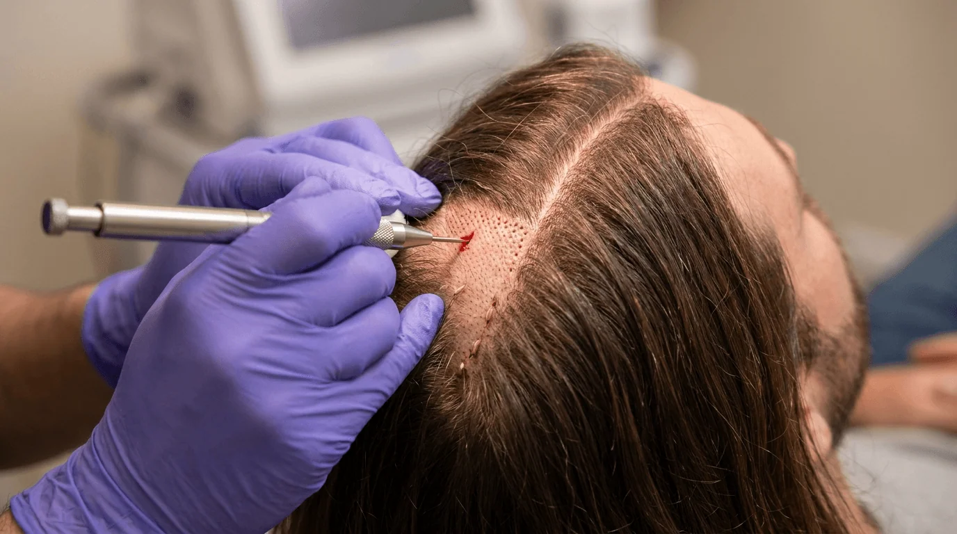 Schéma médical de la technique Choi Pen No-Shave (greffe sans rasage) : à gauche, section transversale du cuir chevelu montrant le stylo implanteur Choi insérant un greffon folliculaire entre les cheveux existants non rasés avec un angle d'implantation de 40-45° ; à droite, vue de dessus de la zone receveuse intacte avec les greffons (points rouges) implantés entre les cheveux existants