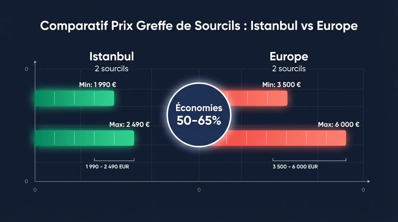 Infographie comparative des prix de greffe de sourcils par pays en 2026 : Turquie 1 990-2 490 €, France 3 500-6 000 €, Belgique 3 000-5 500 €, Suisse 5 000-10 000 CHF