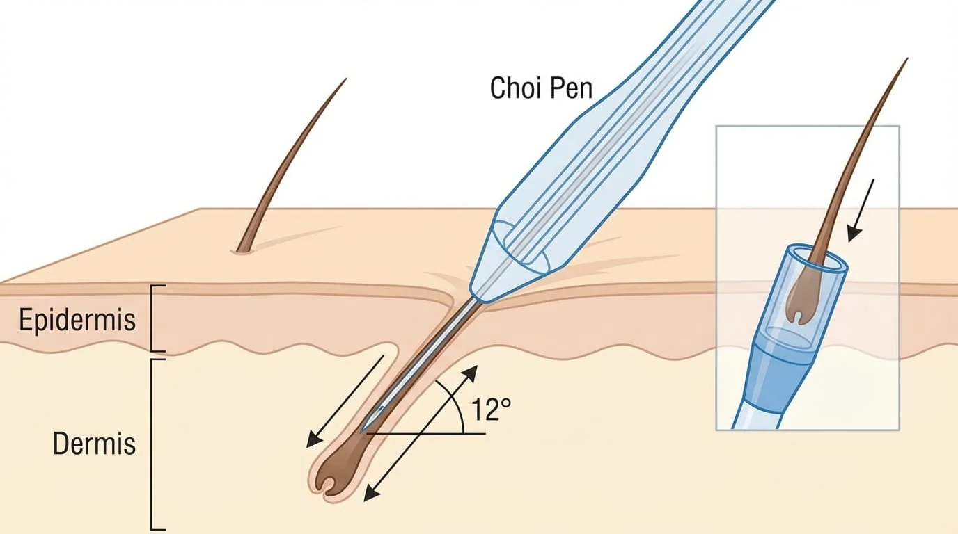 Technique Choi Pen au stylo Choi pour greffe de sourcils : implantation directe avec angle de 10-15° reproduisant la direction naturelle du poil sourcilier