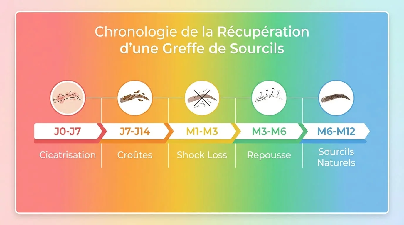 Timeline de repousse après greffe de sourcils sur 12 mois : micro-croûtes semaine 1, shock loss mois 1-3, repousse mois 3-6, résultat final mois 8-12