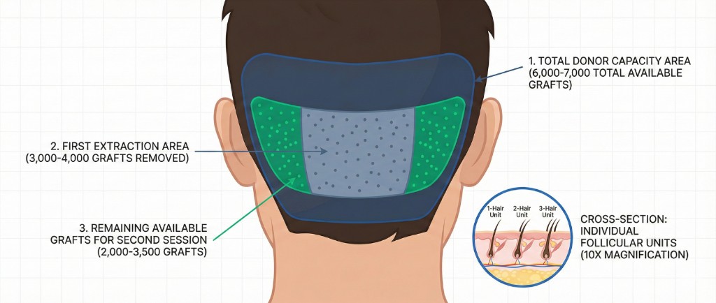 Vue postérieure d'une tête masculine illustrant la capacité de la zone donneuse pour la greffe de cheveux : 1) zone donneuse totale (zone occipitale en bleu foncé, 6 000-7 000 greffons disponibles), 2) zone de première extraction (en gris-bleu avec marqueurs de follicules extraits, 3 000-4 000 greffons prélevés), 3) greffons résiduels disponibles pour la 2ème séance (en vert, 2 000-3 500 greffons). Encart en coupe transversale montrant les unités folliculaires individuelles au grossissement 10x (1-Hair Unit, 2-Hair Unit, 3-Hair Unit)