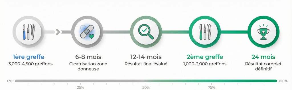Chronologie horizontale du parcours de greffe de cheveux en deux séances sur 24 mois — 5 étapes : 1) 1ère greffe (3 000-4 500 greffons, icône instruments chirurgicaux), 2) 6-8 mois cicatrisation zone donneuse (icône pansement), 3) 12-14 mois résultat final évalué (icône loupe avec coche de validation), 4) 2ème greffe (1 000-3 000 greffons, icône instruments en vert), 5) 24 mois résultat complet définitif (icône trophée). Barre de progression de 0 % à 100 % avec gradient gris vers vert émeraude