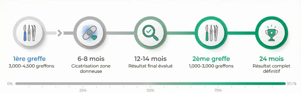 Chronologie horizontale du parcours de greffe de cheveux en deux séances sur 24 mois — 5 étapes : 1) 1ère greffe (3 000-4 500 greffons, icône instruments chirurgicaux), 2) 6-8 mois cicatrisation zone donneuse (icône pansement), 3) 12-14 mois résultat final évalué (icône loupe avec coche de validation), 4) 2ème greffe (1 000-3 000 greffons, icône instruments en vert), 5) 24 mois résultat complet définitif (icône trophée). Barre de progression de 0 % à 100 % avec gradient gris vers vert émeraude