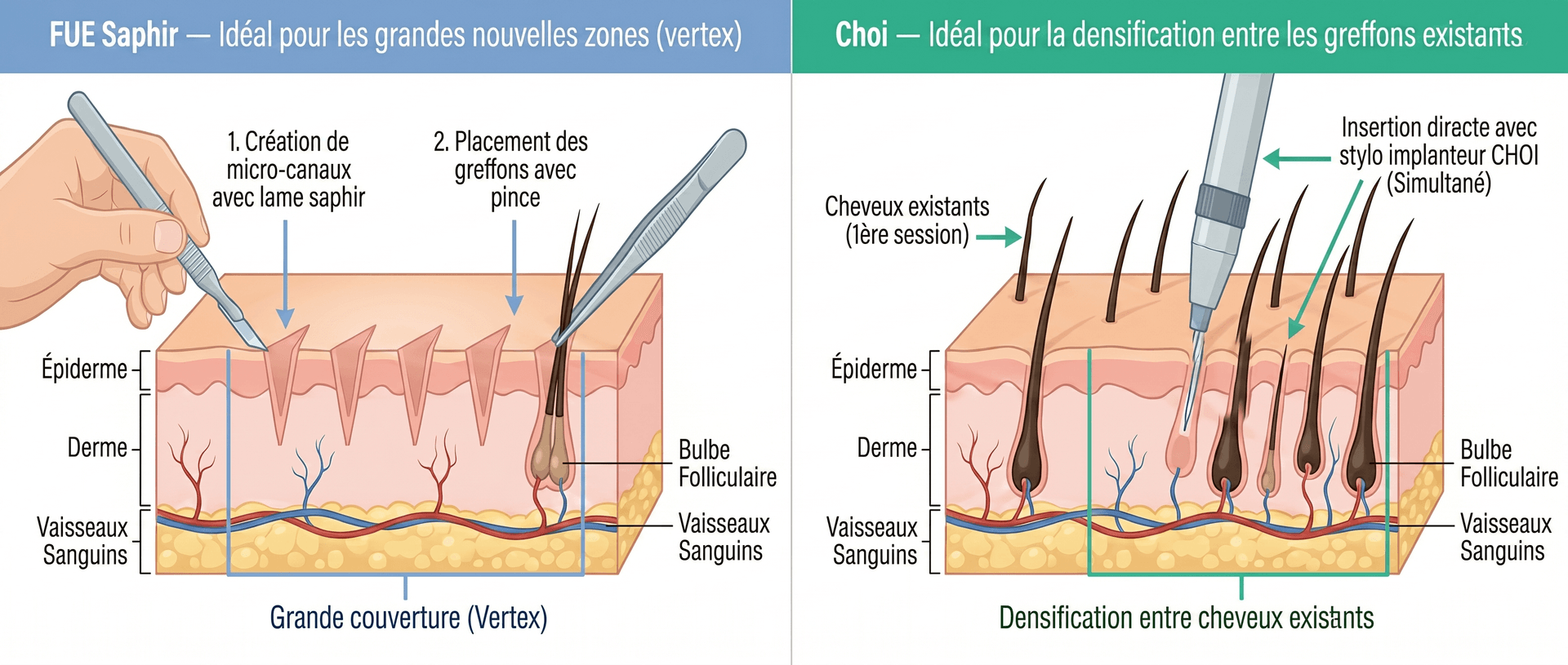 Comparaison Techniques FUE Saphir vs Choi Pen en Coupe Transversale — Choix de Technique pour la 2ème Séance de Greffe Capillaire | Renaissance Clinique Comparaison en coupe transversale des techniques de greffe capillaire FUE Saphir et Choi Pen pour la 2ème séance. À gauche : technique FUE Saphir — étape 1 création de micro-canaux avec lame saphir, étape 2 placement des greffons avec pince, couches épiderme/derme/vaisseaux sanguins visibles, bulbe folliculaire, idéal pour grande couverture du vertex. À droite : technique Choi Pen — insertion directe avec stylo implanteur CHOI (simultanée) entre les cheveux existants de la 1ère session, densification entre les greffons existants, couches épiderme/derme/vaisseaux sanguins et bulbe folliculaire détaillés