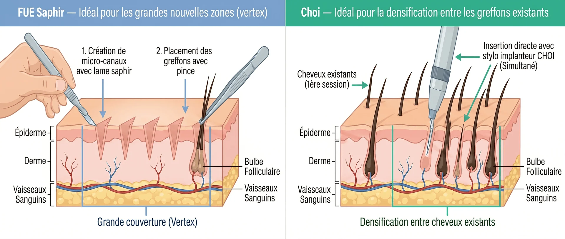 Comparaison en coupe transversale des techniques de greffe capillaire FUE Saphir et Choi Pen pour la 2ème séance. À gauche : technique FUE Saphir — étape 1 création de micro-canaux avec lame saphir, étape 2 placement des greffons avec pince, couches épiderme/derme/vaisseaux sanguins visibles, bulbe folliculaire, idéal pour grande couverture du vertex. À droite : technique Choi Pen — insertion directe avec stylo implanteur CHOI (simultanée) entre les cheveux existants de la 1ère session, densification entre les greffons existants, couches épiderme/derme/vaisseaux sanguins et bulbe folliculaire détaillés