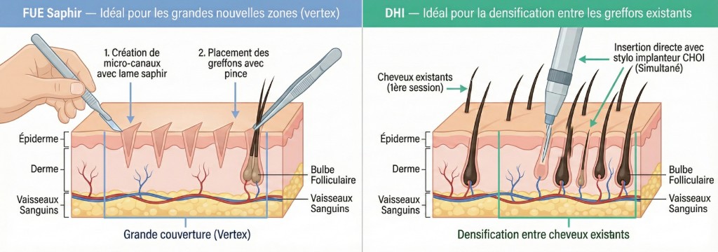 Comparaison en coupe transversale des techniques de greffe capillaire FUE Saphir et DHI pour la 2ème séance. À gauche : technique FUE Saphir — étape 1 création de micro-canaux avec lame saphir, étape 2 placement des greffons avec pince, couches épiderme/derme/vaisseaux sanguins visibles, bulbe folliculaire, idéal pour grande couverture du vertex. À droite : technique DHI — insertion directe avec stylo implanteur CHOI (simultanée) entre les cheveux existants de la 1ère session, densification entre les greffons existants, couches épiderme/derme/vaisseaux sanguins et bulbe folliculaire détaillés