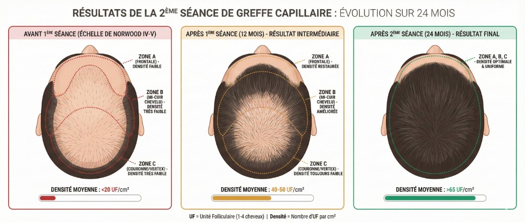 Résultats de la 2ème séance de greffe capillaire — évolution sur 24 mois en 3 étapes : avant 1ère séance (Norwood IV-V, densité moyenne inférieure à 20 UF/cm², zones A frontale, B mi-cuir chevelu et C couronne/vertex très faibles), après 1ère séance à 12 mois (résultat intermédiaire, densité 40-50 UF/cm², zone A restaurée, zone B améliorée), après 2ème séance à 24 mois (résultat final, densité supérieure à 65 UF/cm², zones A B C densité optimale et uniforme)