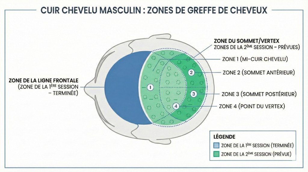 Cartographie des Zones de Greffe Capillaire — 1ère Séance (Ligne Frontale) vs 2ème Séance (Vertex) | Renaissance Clinique Schéma du cuir chevelu masculin illustrant les zones de greffe de cheveux : zone de la ligne frontale (1ère séance terminée, en bleu) et zones du sommet/vertex planifiées pour la 2ème séance (en vert) — zone 1 mi-cuir chevelu, zone 2 sommet antérieur, zone 3 sommet postérieur, zone 4 point du vertex