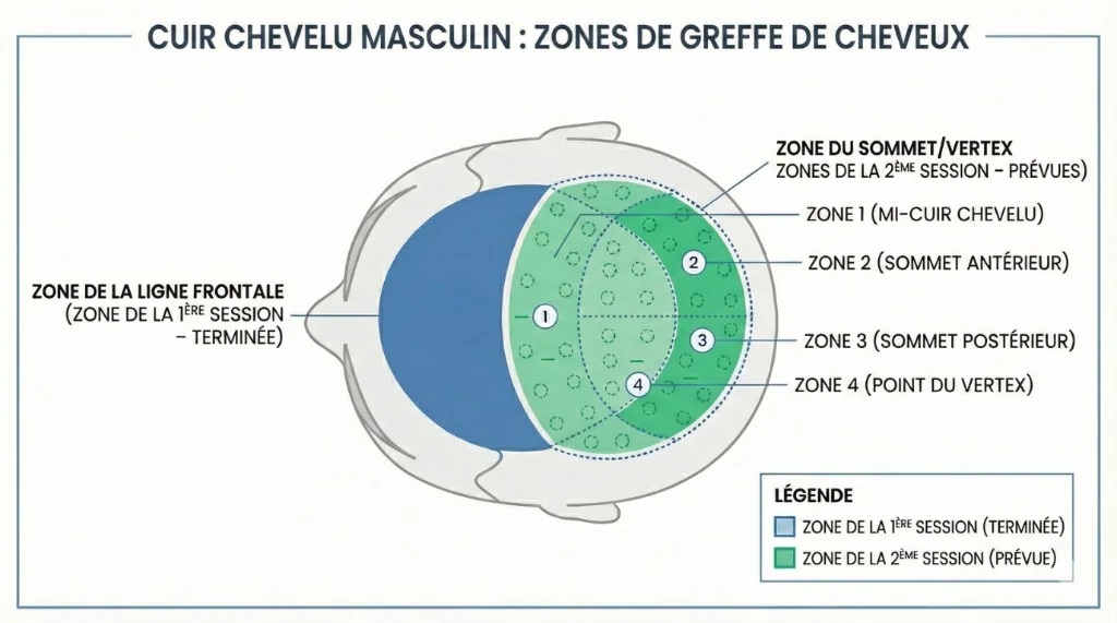 Schéma du cuir chevelu masculin illustrant les zones de greffe de cheveux : zone de la ligne frontale (1ère séance terminée, en bleu) et zones du sommet/vertex planifiées pour la 2ème séance (en vert) — zone 1 mi-cuir chevelu, zone 2 sommet antérieur, zone 3 sommet postérieur, zone 4 point du vertex