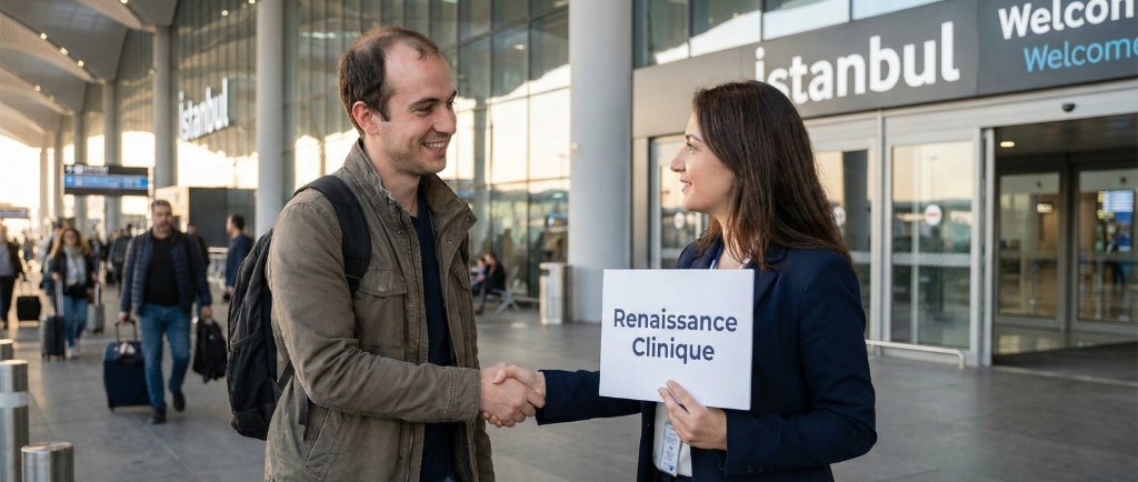 Accueil personnalisé d'un patient francophone à l'aéroport d'Istanbul pour sa greffe capillaire : la coordinatrice Renaissance Clinique, tenant un panneau nominatif, serre la main du patient devant le terminal international d'Istanbul — transfert VIP aéroport-hôtel-clinique inclus dans le forfait tout inclus