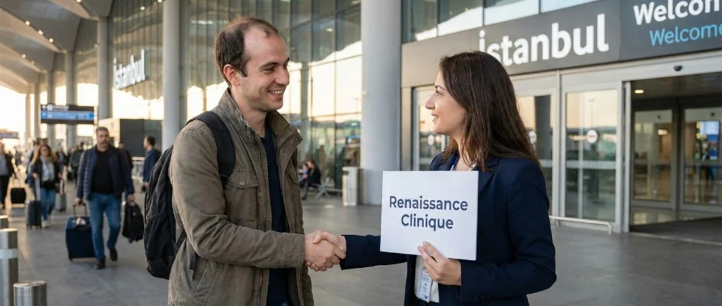 Accueil patient à l'aéroport d'Istanbul — Transfert VIP greffe capillaire forfait tout inclus | Renaissance Clinique Accueil personnalisé d'un patient francophone à l'aéroport d'Istanbul pour sa greffe capillaire : la coordinatrice Renaissance Clinique, tenant un panneau nominatif, serre la main du patient devant le terminal international d'Istanbul — transfert VIP aéroport-hôtel-clinique inclus dans le forfait tout inclus