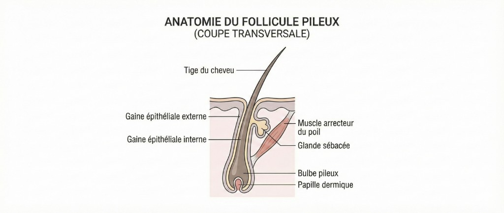 Anatomie du follicule pileux — Greffe de Cheveux | Renaissance Clinique Schéma détaillé de l'anatomie d'un follicule pileux en coupe transversale : tige du cheveu, gaine épithéliale externe et interne, muscle arrecteur du poil, glande sébacée, bulbe pileux et papille dermique