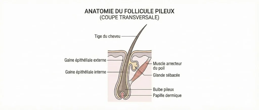 Schéma détaillé de l'anatomie d'un follicule pileux en coupe transversale : tige du cheveu, gaine épithéliale externe et interne, muscle arrecteur du poil, glande sébacée, bulbe pileux et papille dermique