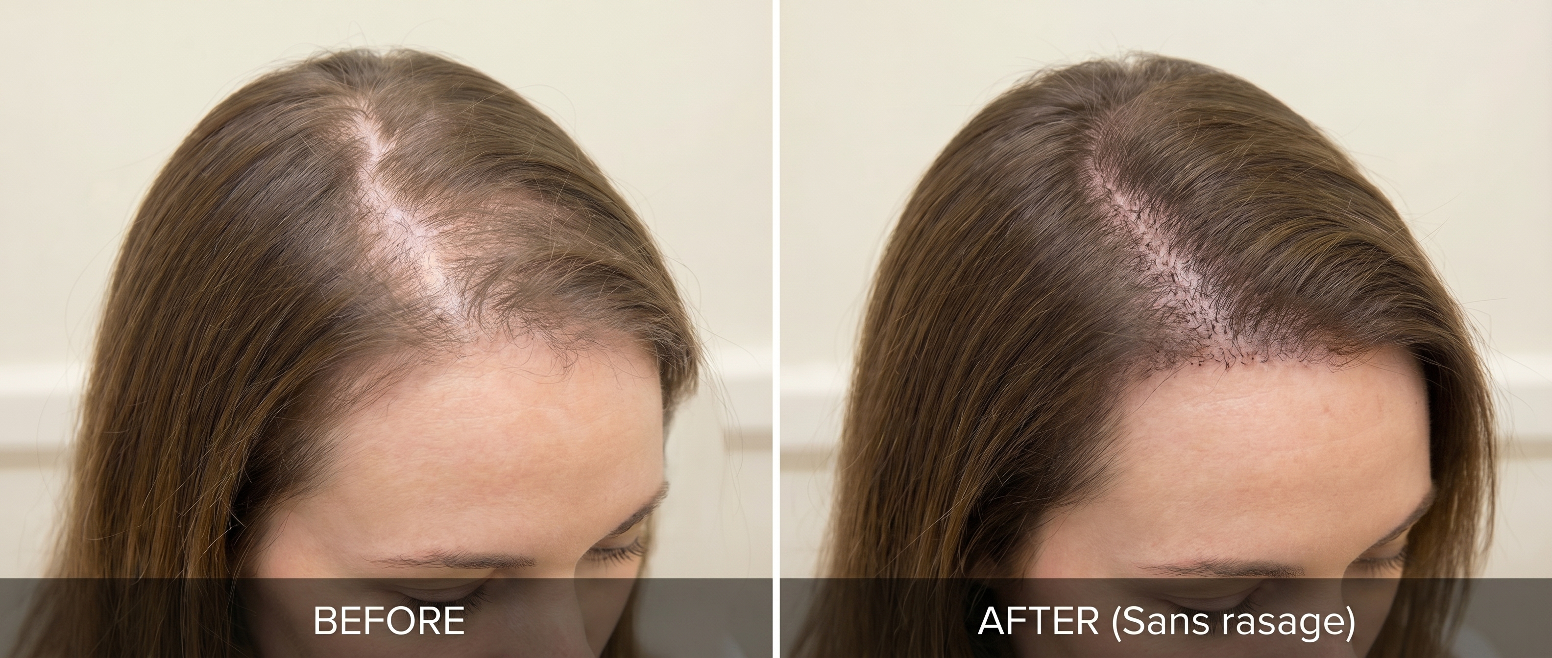 Avant/après greffe Choi Pen sans rasage chez une femme : à gauche (Before), alopécie visible le long de la raie et de la ligne frontale avec cheveux mi-longs châtains clairsemés ; à droite (After, Unshaven Choi Pen), greffons implantés entre les cheveux existants par technique Choi Pen sans rasage, densification nette de la raie et de la zone frontale, aucun rasage visible, cheveux existants couvrant la zone d’intervention