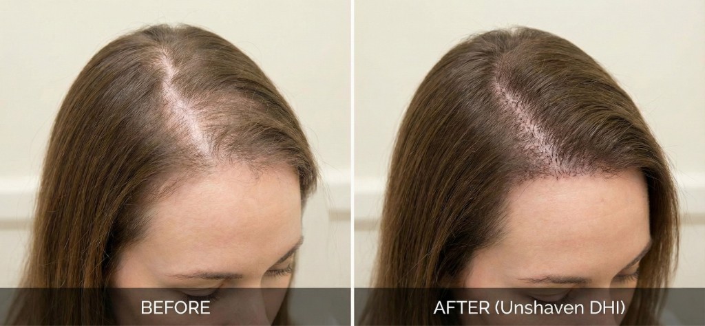 Avant/après greffe DHI sans rasage chez une femme : à gauche (Before), alopécie visible le long de la raie et de la ligne frontale avec cheveux mi-longs châtains clairsemés ; à droite (After, Unshaven DHI), greffons implantés entre les cheveux existants par technique DHI sans rasage, densification nette de la raie et de la zone frontale, aucun rasage visible, cheveux existants couvrant la zone d’intervention