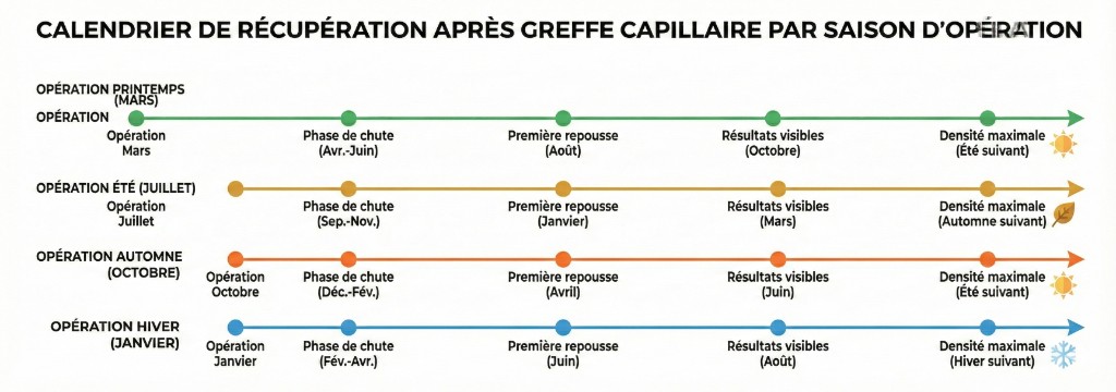 Calendrier de récupération après greffe capillaire par saison d'opération, 4 timelines horizontales parallèles : Opération Printemps (mars) — phase de chute avril-juin → première repousse août → résultats visibles octobre → densité maximale été suivant (icône soleil). Opération Été (juillet) — phase de chute sept-nov → première repousse janvier → résultats visibles mars → densité maximale automne suivant. Opération Automne (octobre) — phase de chute déc-fév → première repousse avril → résultats visibles juin → densité maximale été suivant (icône soleil). Opération Hiver (janvier) — phase de chute fév-avr → première repousse juin → résultats visibles août → densité maximale hiver suivant (icône flocon). Chaque phase marquée par des nœuds circulaires sur une flèche colorée selon la saison (vert, orange, orange foncé, bleu).
