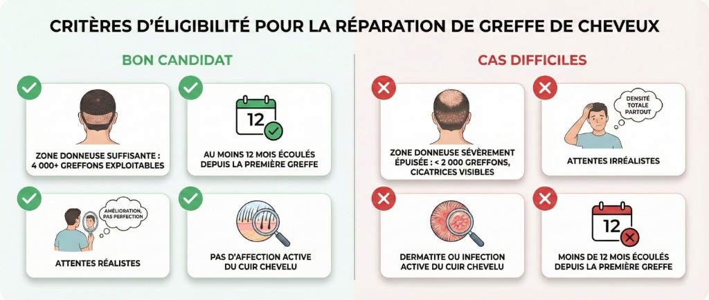 Critères d'éligibilité pour la réparation de greffe de cheveux — Bon candidat : zone donneuse suffisante (4 000+ greffons exploitables), au moins 12 mois écoulés depuis la première greffe, attentes réalistes (amélioration pas perfection), pas d'affection active du cuir chevelu. Cas difficiles : zone donneuse sévèrement épuisée (moins de 2 000 greffons, cicatrices visibles), attentes irréalistes (densité totale partout), dermatite ou infection active du cuir chevelu, moins de 12 mois écoulés depuis la première greffe