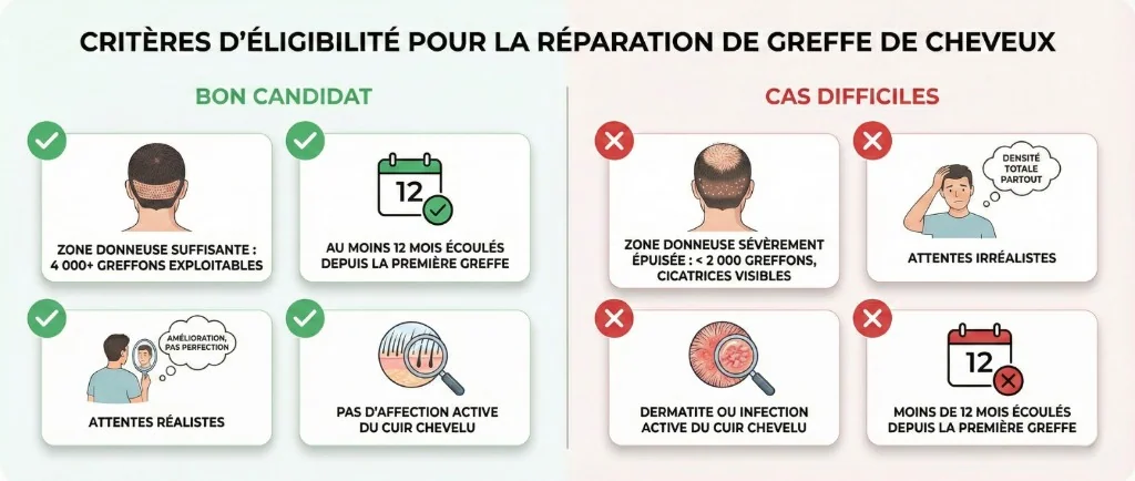 Critères d'éligibilité à la réparation de greffe capillaire — Bon candidat vs cas difficiles | Renaissance Clinique Critères d'éligibilité pour la réparation de greffe de cheveux — Bon candidat : zone donneuse suffisante (4 000+ greffons exploitables), au moins 12 mois écoulés depuis la première greffe, attentes réalistes (amélioration pas perfection), pas d'affection active du cuir chevelu. Cas difficiles : zone donneuse sévèrement épuisée (moins de 2 000 greffons, cicatrices visibles), attentes irréalistes (densité totale partout), dermatite ou infection active du cuir chevelu, moins de 12 mois écoulés depuis la première greffe