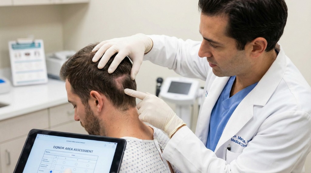 Chirurgien examinant la zone donneuse occipitale d'un patient masculin lors d'une consultation pré-greffe : évaluation de la densité folliculaire et du potentiel de greffons exploitables pour déterminer l'éligibilité à la greffe de cheveux.