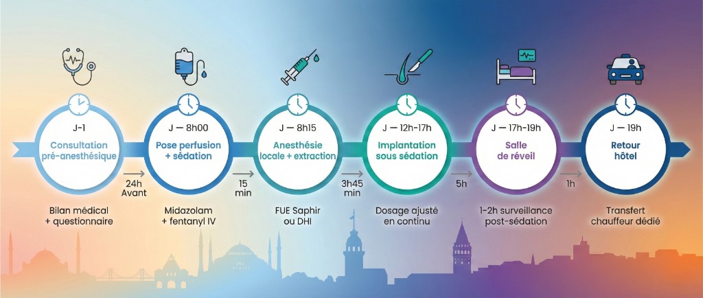 Chronologie complète d’une journée de greffe capillaire sous sédation légère IV à Istanbul en 6 étapes : consultation pré-anesthésique (J-1, bilan médical), pose perfusion et sédation (J 8h00, midazolam + fentanyl IV), anesthésie locale et extraction (J 8h15, FUE Saphir ou DHI), implantation sous sédation (J 12h-17h, dosage ajusté en continu), salle de réveil (J 17h-19h, surveillance post-sédation), retour hôtel (J 19h, transfert chauffeur dédié) — silhouette d’Istanbul en arrière-plan avec dégradé aube-crépuscule