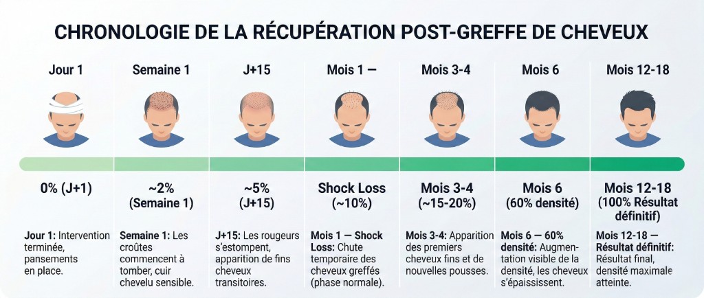Chronologie de la récupération post-greffe de cheveux en 7 étapes : Jour 1 intervention et pansements (0 %), Semaine 1 chute des croûtes (~2 %), J+15 rougeurs estompées et cheveux transitoires (~5 %), Mois 1 shock loss — chute temporaire normale (~10 %), Mois 3-4 apparition des premiers cheveux fins (15-20 %), Mois 6 densité visible à 60 % et épaississement des cheveux, Mois 12-18 résultat définitif avec densité maximale atteinte (100 %)