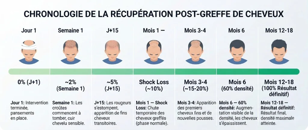 Chronologie de la récupération post-greffe de cheveux en 7 étapes : Jour 1 intervention et pansements (0 %), Semaine 1 chute des croûtes (~2 %), J+15 rougeurs estompées et cheveux transitoires (~5 %), Mois 1 shock loss — chute temporaire normale (~10 %), Mois 3-4 apparition des premiers cheveux fins (15-20 %), Mois 6 densité visible à 60 % et épaississement des cheveux, Mois 12-18 résultat définitif avec densité maximale atteinte (100 %)