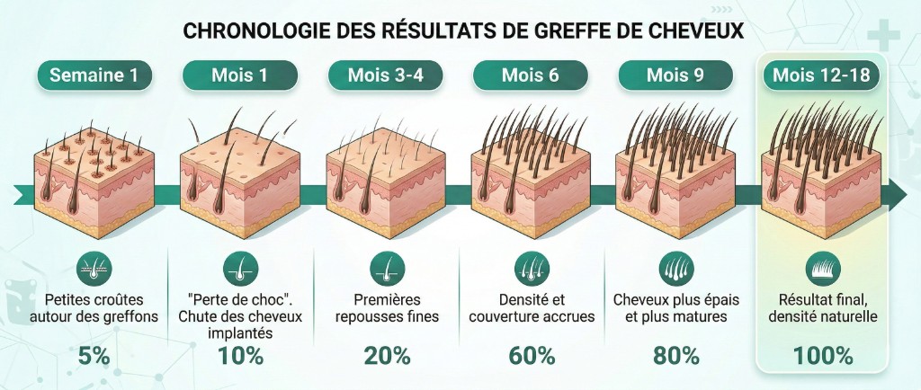 Chronologie des résultats de greffe de cheveux en 6 étapes : Semaine 1 — petites croûtes autour des greffons (5 %), Mois 1 — perte de choc et chute des cheveux implantés (10 %), Mois 3-4 — premières repousses fines (20 %), Mois 6 — densité et couverture accrues (60 %), Mois 9 — cheveux plus épais et plus matures (80 %), Mois 12-18 — résultat final avec densité naturelle (100 %)
