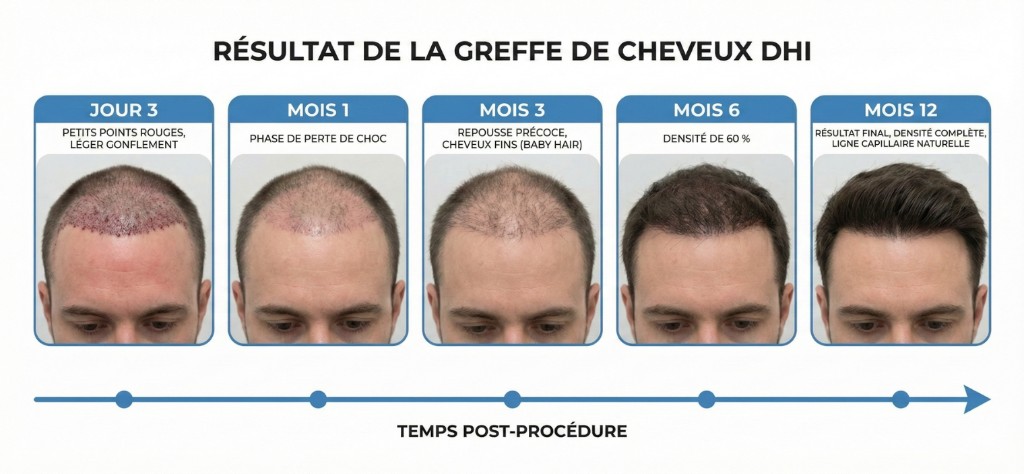 Chronologie des résultats d’une greffe de cheveux DHI en 5 étapes sur un patient masculin : Jour 3 (petits points rouges, léger gonflement frontal), Mois 1 (phase de perte de choc, chute temporaire des cheveux implantés), Mois 3 (repousse précoce, cheveux fins baby hair), Mois 6 (densité de 60%, épaississement progressif), Mois 12 (résultat final, densité complète, ligne capillaire naturelle). Flèche chronologique indiquant le temps post-procédure