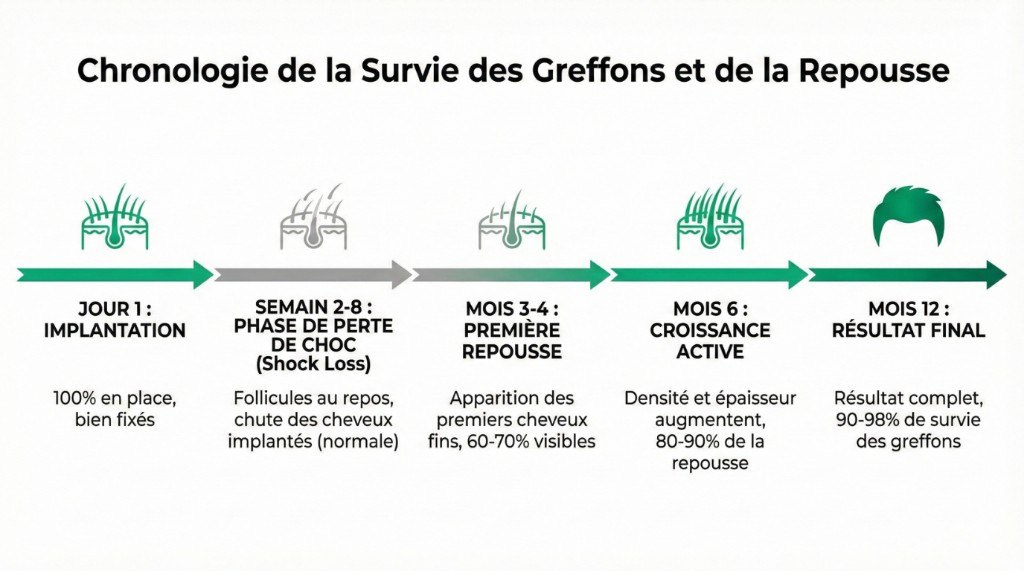 Chronologie de la survie des greffons et de la repousse capillaire après greffe : Jour 1 implantation (100% en place), Semaine 2-8 shock loss (follicules au repos), Mois 3-4 première repousse (60-70% visibles), Mois 6 croissance active (80-90%), Mois 12 résultat final (90-98% de survie des greffons)