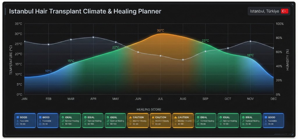 Istanbul Hair Transplant Climate & Healing Planner — graphique double axe sur fond sombre (#171717) montrant les données climatiques mensuelles d'Istanbul de janvier à décembre. Axe gauche : température (°C) de 0 à 35°C. Axe droit : humidité (%) de 0 à 100%. Courbe de température en zone dégradée colorée : vert (mars–mai, 15–22°C, mois idéaux), orange/ambre (juin–août, 22–30°C, précaution), bleu (décembre–février, 8–10°C, favorable). Points de données : janvier 10°C, mars 15°C, mai 22°C, juillet 30°C, septembre 25°C, novembre 18°C. Ligne pointillée blanche : humidité variant de 60% (été) à 78% (hiver). Barre inférieure Healing Score par mois : janvier–février GOOD (favorable, 70-90), mars–mai IDEAL (optimal healing, 90-100), juin–août CAUTION (monitor closely, 60-80), septembre–novembre IDEAL (optimal healing, 70-90+), décembre GOOD (favorable, 70-90). Badge en haut à droite : Istanbul, Türkiye avec drapeau turc.