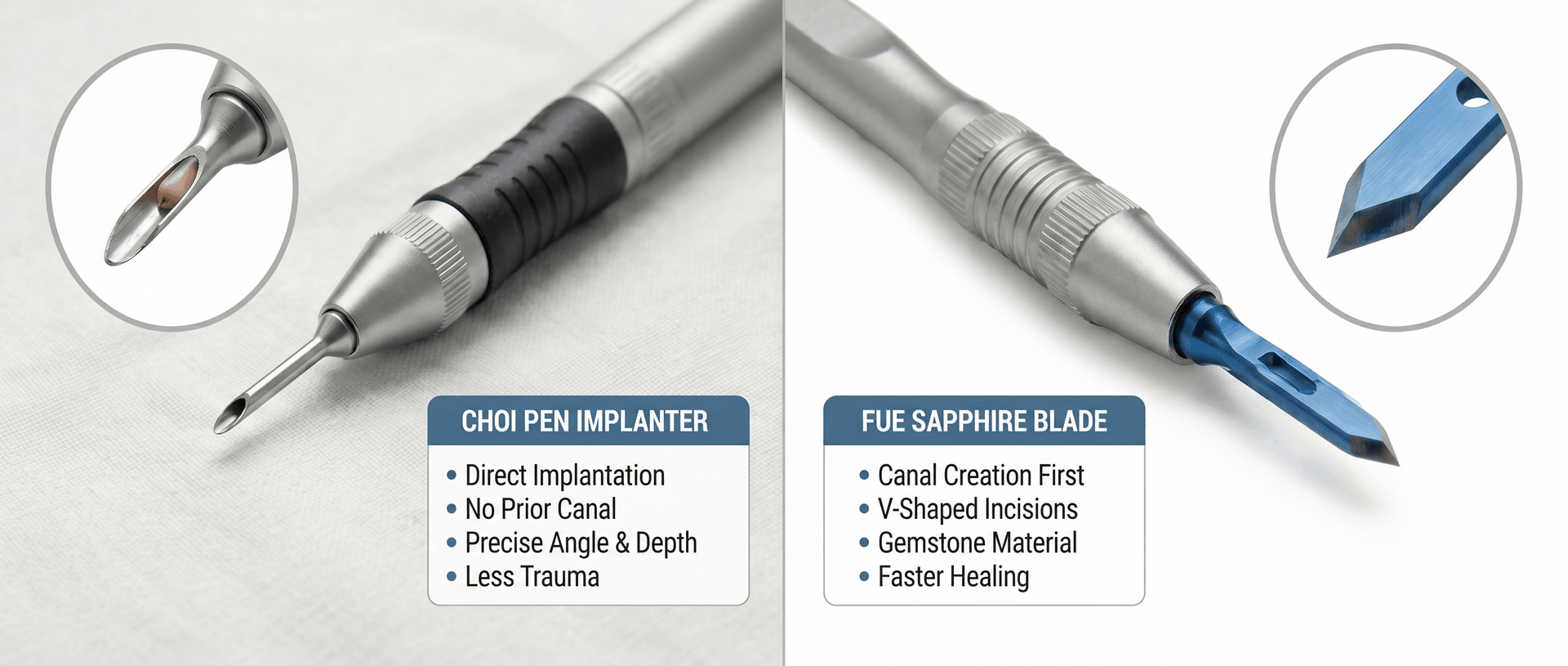 Stylo Choi Pen vs Lame FUE Saphir — Comparaison des instruments de réparation capillaire | Renaissance Clinique Comparaison photographique côte à côte du stylo implanteur Choi Pen (implantation directe, sans canal préalable, angle et profondeur précis, moins de traumatisme) et de la lame FUE Saphir (création de canaux en V, matériau en pierre précieuse, cicatrisation plus rapide) avec vues agrandies des pointes de chaque instrument